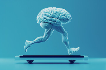 Human brain running on treadmill, blue background, 3D illustration