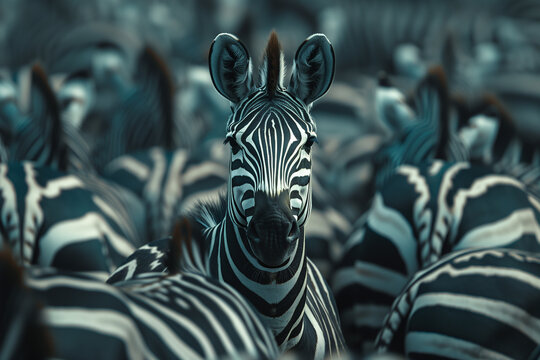 Standing out from the crowd concept with zebra in heard of horses