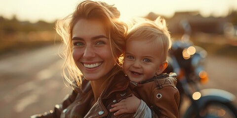 smiling woman wearing leather jacket and her toddler , motorbike in the background. ai generated