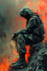 A soldier with Post-Traumatic Stress Disorder (PTSD), creative illustration. Mental disorder concept.