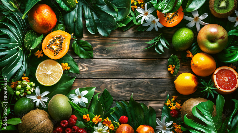 Sticker vibrant display of exotic fruits and lush green leaves spread on a wooden background.