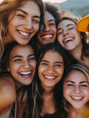 Fototapeta premium A group of young friends smiling and posing for the camera, showing their bright smiles with white teeth. generative AI