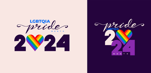 Vector Hand drawn 2024 LGBTQ community Pride month poster design template with rainbow stripe line. Template logo element can be used for backdrop, brochure, postcard, banner. Vector Lgbt Illustration