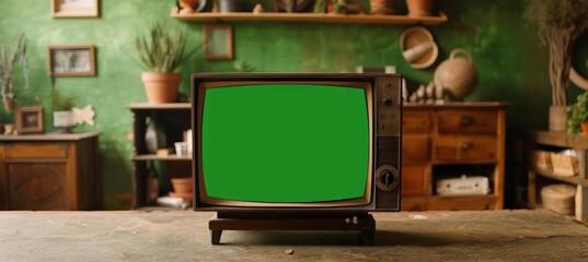 Vintage crt tv with glowing green screen, nostalgic retro television on plain background