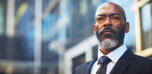 A man with a beard and a tie stands in front of a building. a view of a middle aged black man with a long and sharp goatee in smart business suit outside background at a high rise business setting - Powered by Adobe