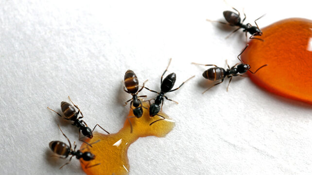 Group of ants eating a poison liquid. Macro on textured surface with copy space. Ants Eating Syrup or honey Macro