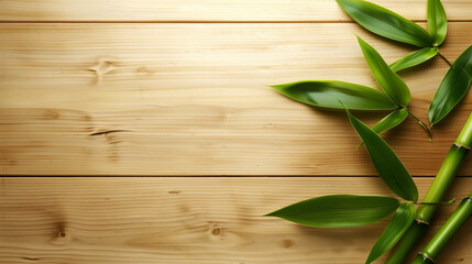 Elegant top view of bamboo stalks and leaves arranged on a wooden background, ideal for nature themes.