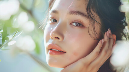 Naklejka premium Woman with beautiful face touching healthy facial skin portrait. Beautiful happy Asian girl model with natural