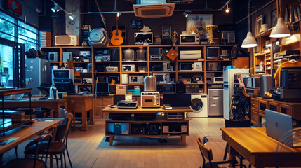 Interior of a vintage tech shop filled with retro electronics like radios, televisions, and...