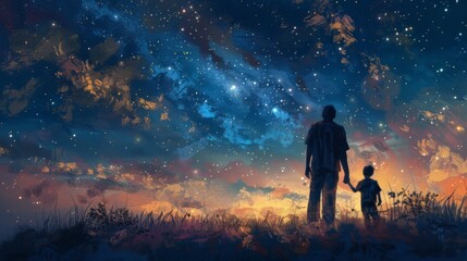 Obraz na płótnie Canvas Joyful Father and Son Stargazing, Digital Oil Painting