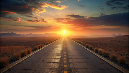 A fiery orange sun dips below the horizon casting a warm glow on the road in this beautiful evening...