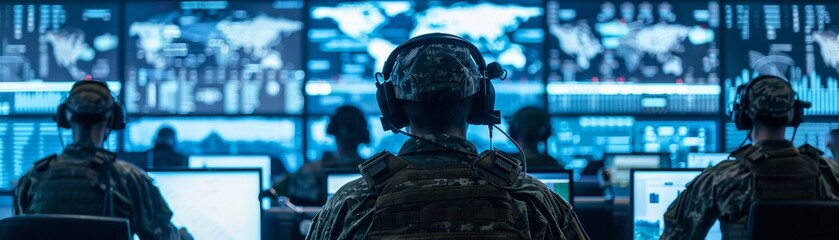 State Security Concept : Soldiers in a high-tech military control room with computers and headsets monitoring