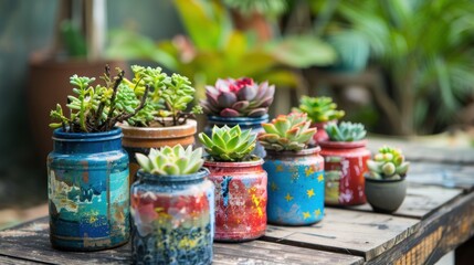 Tender plants in colorful ceramic pots on a wooden table