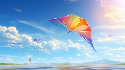 A vibrant kite gracefully glides over a shimmering body of water