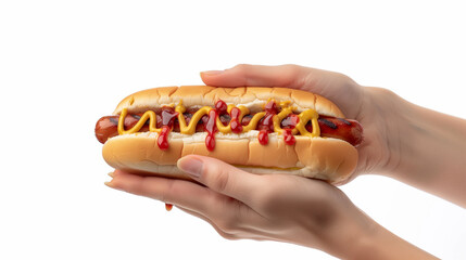 Hot dog in hand with assorted toppings,  mustard, relish, ketchup, summer time food isolated on white background