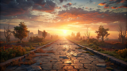 A fiery orange sun dips below the horizon casting a warm glow on the road in this beautiful evening landscape