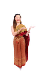 Thai woman in elegant wealthy  traditional dress doing hand presenting gesture for promoting...