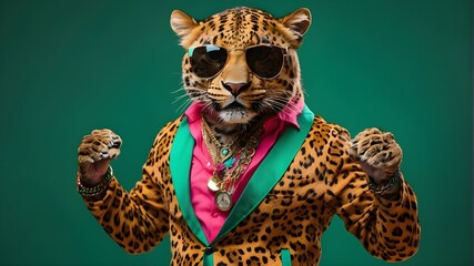 leopard dancing against a green background while sporting vibrant clothing and sunglasses