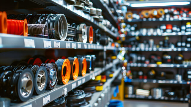 A well-stocked automotive parts store displaying an array of vehicle rims and tires on metal shelves.