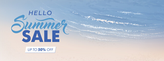 Vector beautiful realistic illustration of top view sandy summer beach. Summer sale horizontal promotional travel wallpaper, flyer or web banner template
