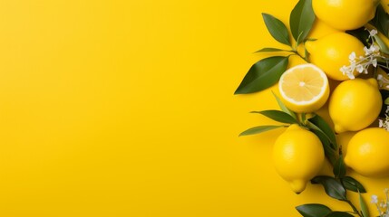 Fresh lemons with vibrant leaves and delicate flowers on a cheerful yellow backdrop