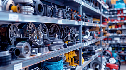 Vivid, detailed image of car parts on shelving in an automotive shop, focusing on varied vehicle wheels.