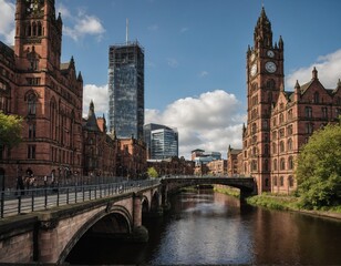 Experience the charm of Manchester's skyline, with its historic landmarks such as the Manchester Town Hall and the Beetham Tower set against the backdrop of the River Irwell