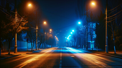 A moody, atmospheric night scene of an empty street illuminated by streetlights with a blue tint.