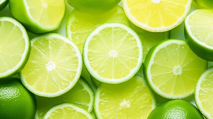 A collection of vivid halved limes on display, showcasing their vibrant colors and juicy flesh