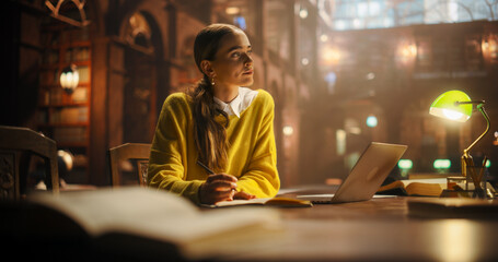 Thoughtful Multiethnic Asian College Student Using Laptop Computer to Study in a Classic Library. Beautiful Young Woman Learning Online, Getting Ready for Exams, Taking Notes and Drafting an Essay.