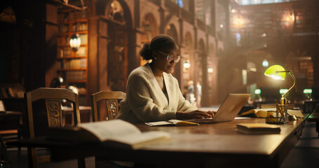 Engaged African American College Student Using Laptop for Online Learning in a Classical Library. Young Woman Focused on Writing Essays and Studying for Exams Amidst Rows of Classic Books.
