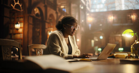 Focused African American College Student Studying in a Classic Library. Young Woman Using Laptop for Online Education, Surrounded by Books, Preparing for University Exams.