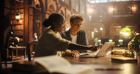 Engaged Multiethnic Students Collaborating on a Project in a Historic Library, Using Laptop and Discussing Academic Materials. Young Man and Woman Focused on Learning Together Amidst Books.