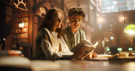 Engaged Young Couple Reading Together in a Cozy Library, Illuminated by Warm Ambient Light. Man and Woman Sharing Knowledge from an Old Book, Surrounded by Classical Architecture and Stacks of Books