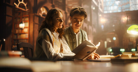 Engaged Young Couple Reading Together in a Cozy Library, Illuminated by Warm Ambient Light. Man and...
