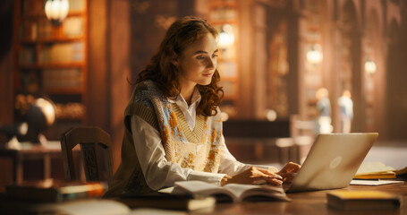Serene Young Woman Engaged in Studying with Books and Laptop in a Classical Library Setting, Illuminated by Warm Ambient Light. Caucasian Female Focused on Academic Research and E-Learning.