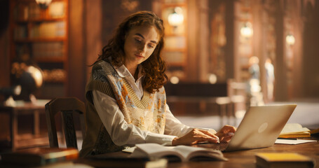 Serene Young Woman Engaged in Studying With Laptop and Books in a Classical Library Setting, Surrounded by Wooden Shelves Filled With Books, Illuminated by Warm Ambient Light