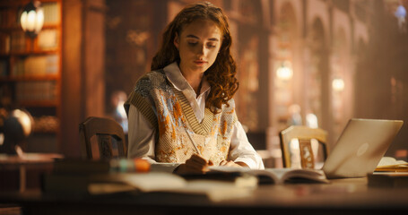 Serene Young Woman Focused on Writing Notes in a Classical Library, Surrounded by Ancient Books. Caucasian Female Student Using Laptop for E-Learning in a Historic Academic Setting