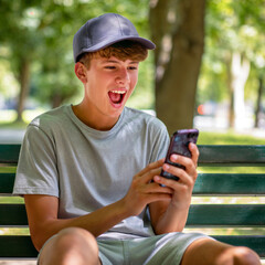 Fototapeta premium A teenage boy wit a cap sitting on the bench at the park using and looking at the smartphone cell phone and laughing happily.