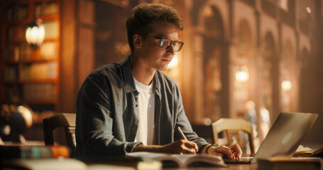 Concentrated Young Caucasian Male Student Engaged in Academic Research With Laptop and Books in a Classical Library Setting. Man Preparing for College Exams With Focus and Dedication.