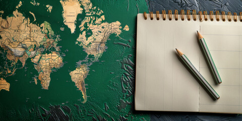 A green world map is on a table next to a notebook