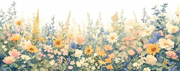 Watercolor painting of colorful wildflowers, spring flowers in the meadow, floral field