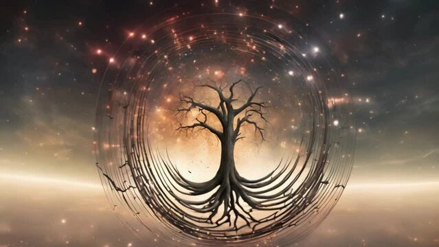 Quadratic equations rotating in a celestial performance, with roots and coefficients changing as they swirl.