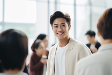 an Asian businessman in white suit shares insights and exchanges smiles with a conversation partner, fostering meaningful dialogue in the realm of business.