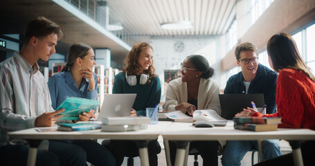 Diverse Group of Students Engaged in a Study Session at a Modern Library. Young Adults...