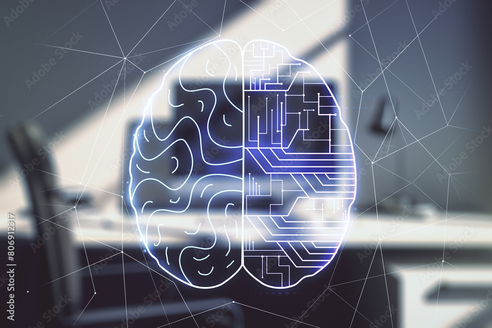 Poster double exposure of creative human brain microcircuit and modern desk with computer on background. fu