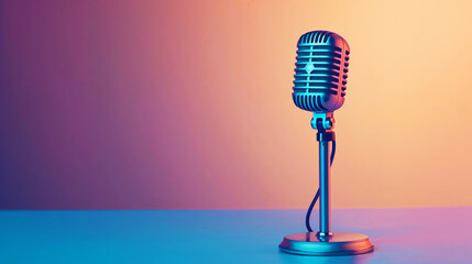 Vintage-style microphone on a stand, illuminated by vibrant pink and blue lights with a minimalist...