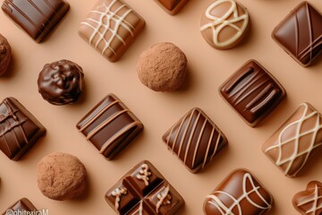 Decadent chocolate assortment against clean background, perfect for text or branding placement