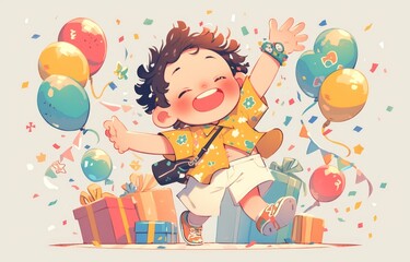 happy curly-haired kid dancing in the room with birthday gifts and confetti