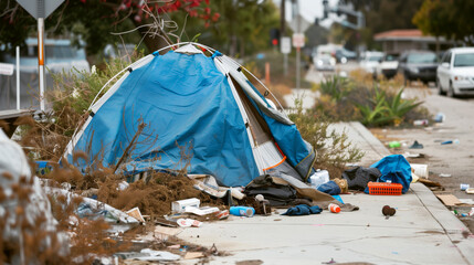 Urban homeless encampment with a dilapidated blue tent surrounded by trash on a sidewalk. - obrazy, fototapety, plakaty